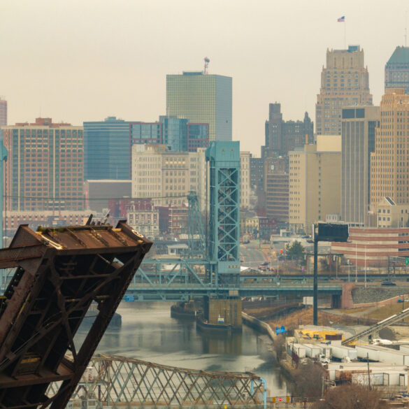 Newark, nj. Aerial of newark, nj and nx bridge over the passaic river