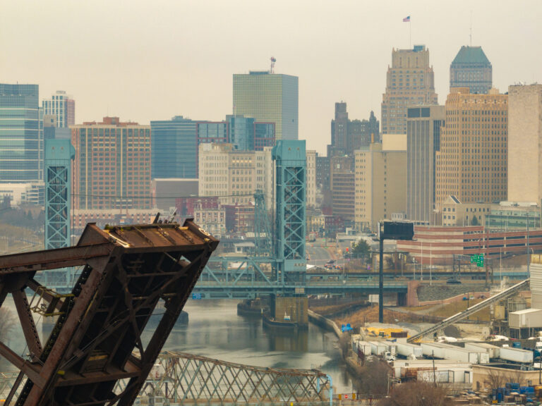Newark, nj. Aerial of newark, nj and nx bridge over the passaic river