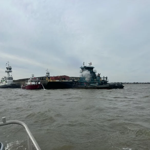 Tugboat fire erupts on delaware river; coast guard mounts rescue operation - photo licensed by shore news network.