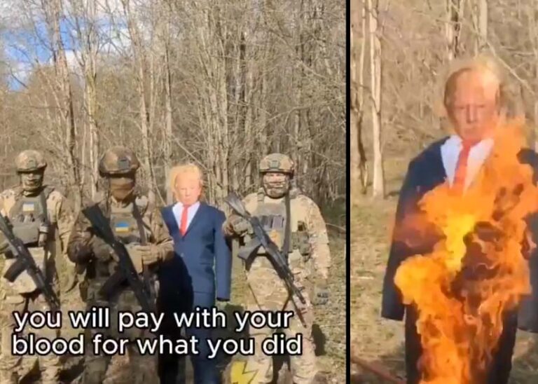 After receiving $200 billion in war aid, video shows ukrainian soldiers burning effigy of president trump - photo licensed by shore news network.
