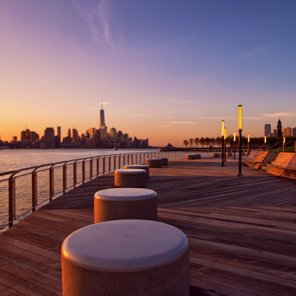 Breathtaking view of new york city skyline at sunrise. View from hoboken,nj.