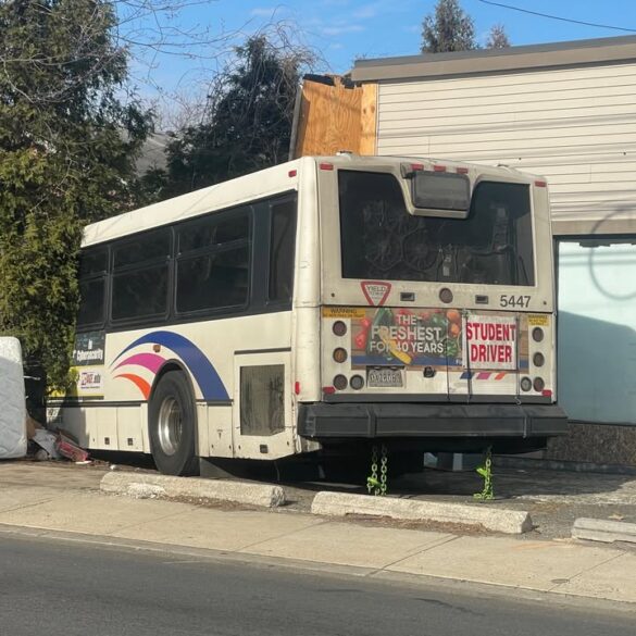 Student bus driver crashed a new jersey transit bus into building - photo licensed by shore news network.