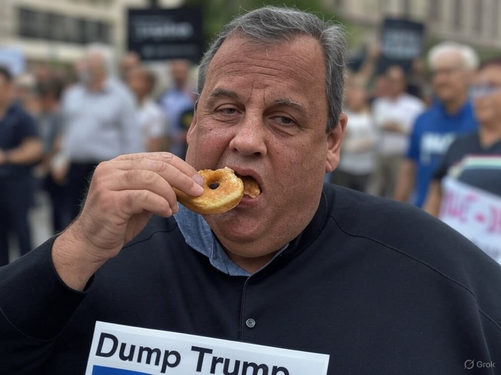 An satirical artistic creation of Former New Jersey Governor Chris Christie protesting Donald Trump - Grok/AI - Political Cartoon - AI Generated