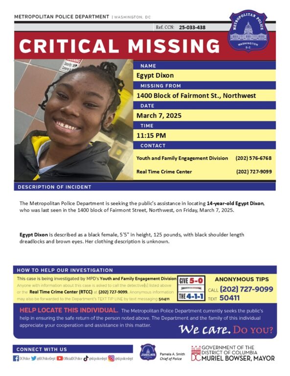 Critical missing alert issued for 14-year-old girl in D.C.
