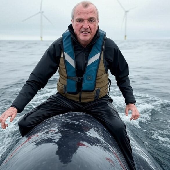 Deepfake ai example: phil murphy riding a dead whale through an offshore wind farm. Ai generated / grok
