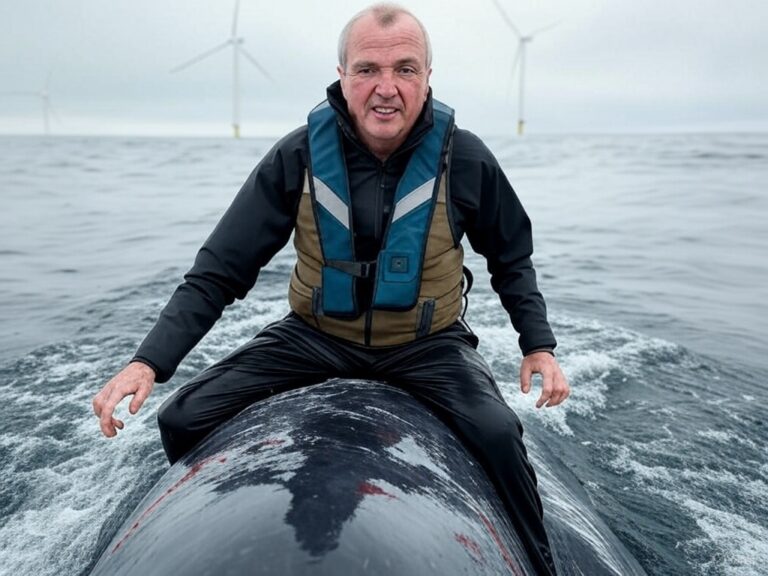 Deepfake ai example: phil murphy riding a dead whale through an offshore wind farm. Ai generated / grok