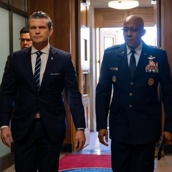 Secretary of defense pete hegseth walks with chairman of the joint chiefs of staff air force gen. Cq brown, jr. After arriving at the pentagon, washington, d. C. , jan. 27, 2025. (dod photo by u. S. Navy petty officer 1st class alexander kubitza)