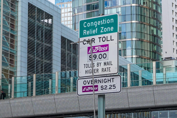 Congestion prices signage in Lower Manhattan at the entrance to the Congestion Relief Zone on the first day of its implementation in New YorkCongestion prices signage in Lower Manhattan at the entrance to the Congestion Relief Zone on the first day of its implementation in New York