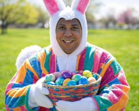 Cory Booker dressed as the Easter Bunny, delivering eggs - Political Satire - AI Rendered/.GrokAI