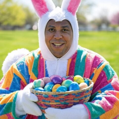 Cory booker dressed as the easter bunny, delivering eggs - political satire - ai rendered/. Grokai