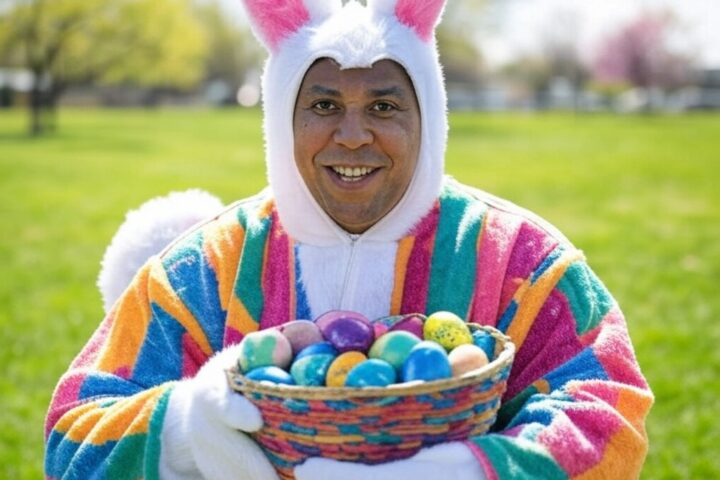 Cory Booker dressed as the Easter Bunny, delivering eggs - Political Satire - AI Rendered/.GrokAI