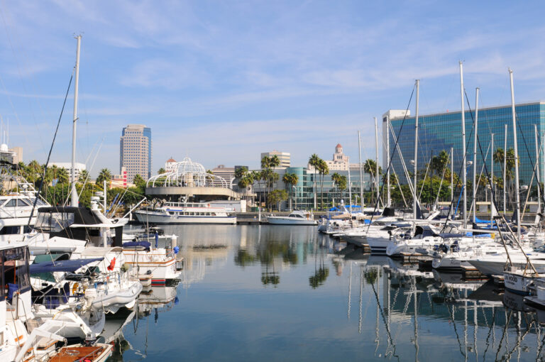 Long beach marina and city skyline