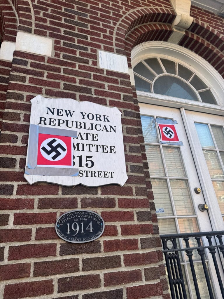 Vandals attack New York GOP headquarters leaving flags of hate on wall