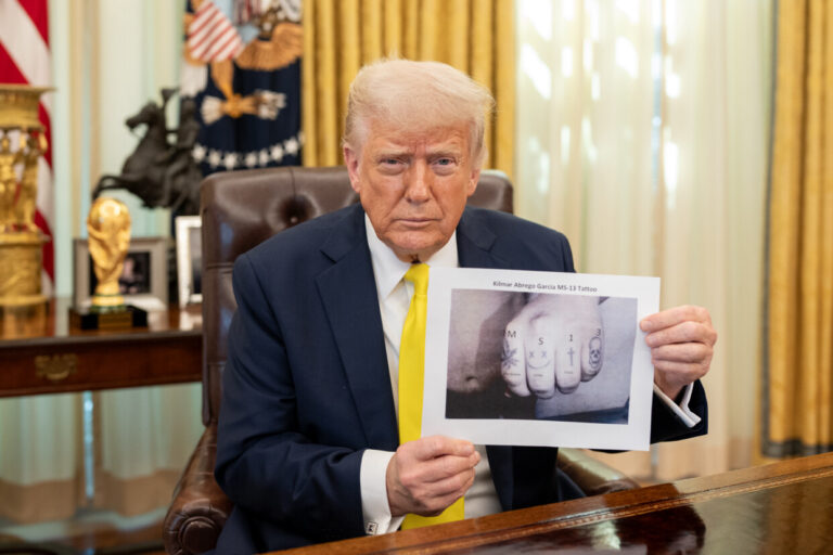 Trump flaunts image of deported ms-13 member, wife beater amid court defiance - photo licensed by shore news network.