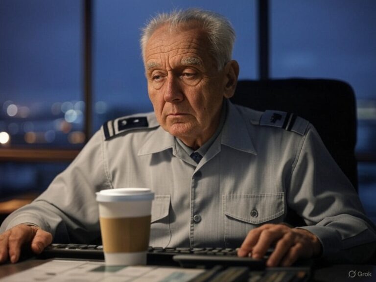 Political satire - aging and tired air traffic controller. - ai generated - grok/x