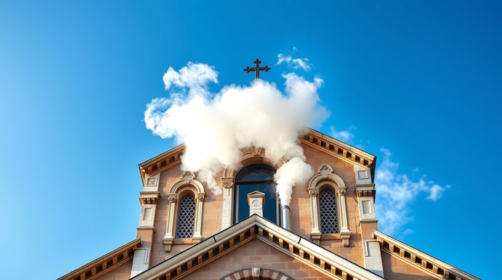 Vatican chimney releases white smoke to signal successful papal election. The Sistine Chapel chimney emits white smoke above the rooftops, framed by historic domes. Catholic tradition, timeless ritual, peaceful cityscape with religious significance.
