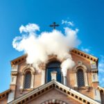 Vatican chimney releases white smoke to signal successful papal election. The Sistine Chapel chimney emits white smoke above the rooftops, framed by historic domes. Catholic tradition, timeless ritual, peaceful cityscape with religious significance.