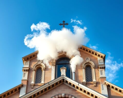 Vatican chimney releases white smoke to signal successful papal election. The Sistine Chapel chimney emits white smoke above the rooftops, framed by historic domes. Catholic tradition, timeless ritual, peaceful cityscape with religious significance.