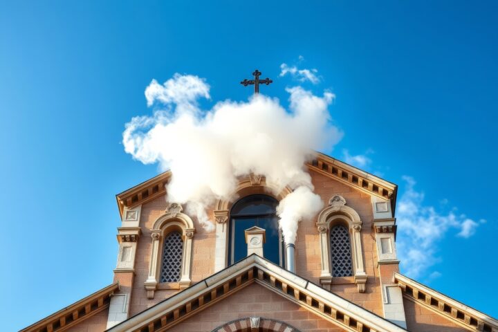 Vatican chimney releases white smoke to signal successful papal election. The Sistine Chapel chimney emits white smoke above the rooftops, framed by historic domes. Catholic tradition, timeless ritual, peaceful cityscape with religious significance.