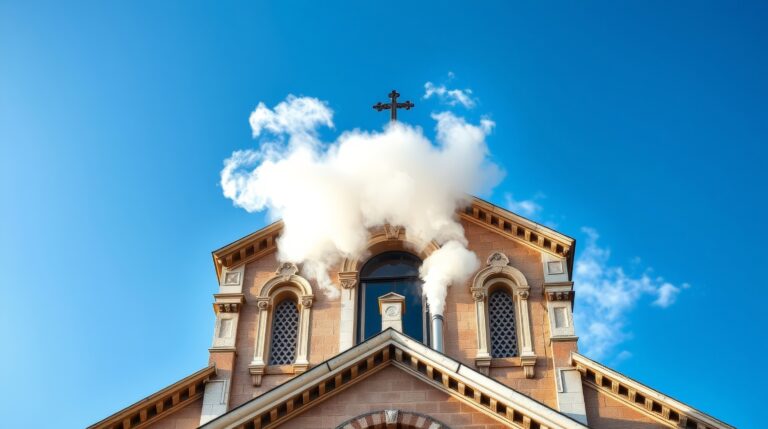 Vatican chimney releases white smoke to signal successful papal election. The sistine chapel chimney emits white smoke above the rooftops, framed by historic domes. Catholic tradition, timeless ritual, peaceful cityscape with religious significance.
