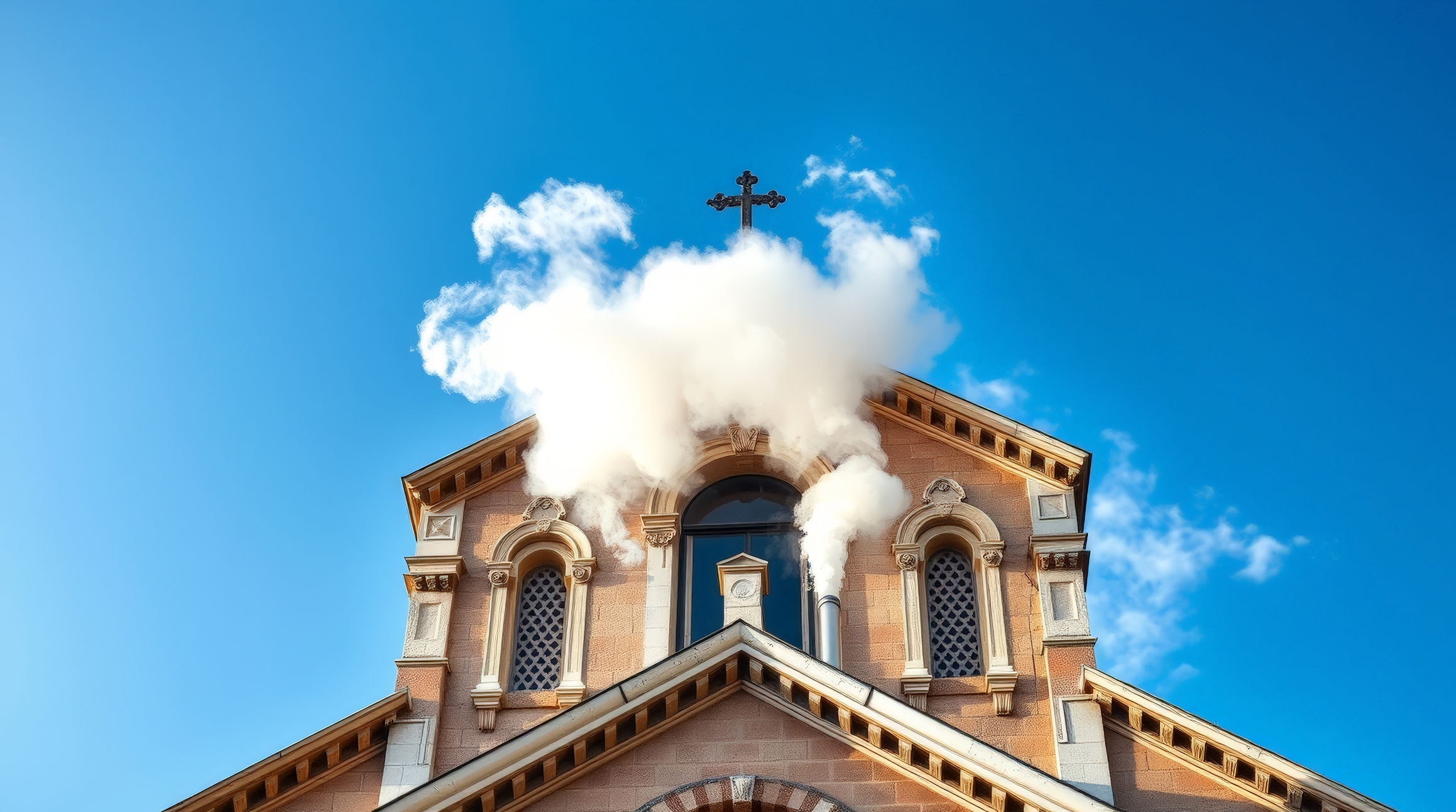 Vatican chimney releases white smoke to signal successful papal election. The Sistine Chapel chimney emits white smoke above the rooftops, framed by historic domes. Catholic tradition, timeless ritual, peaceful cityscape with religious significance.