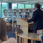 Bill Spadea speaks with educators as his campaign consultant, George Gilmore, a once-convicted felon supervises.