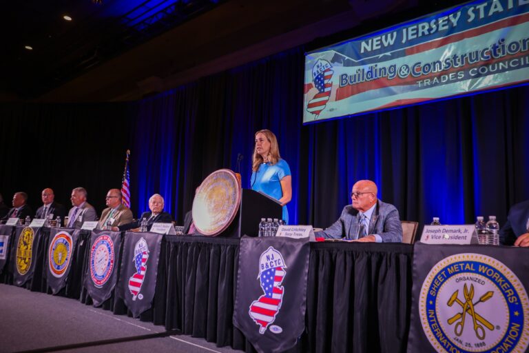 Sherrill criticizes jack ciattarelli's ties to trump in union speech - photo licensed by shore news network.