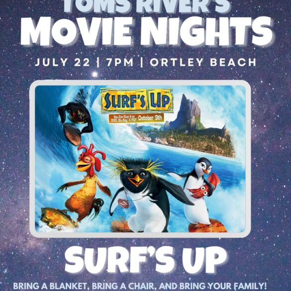 Toms river hosts movie night on ortley beach with ‘surf’s up’ screening - photo licensed by shore news network.