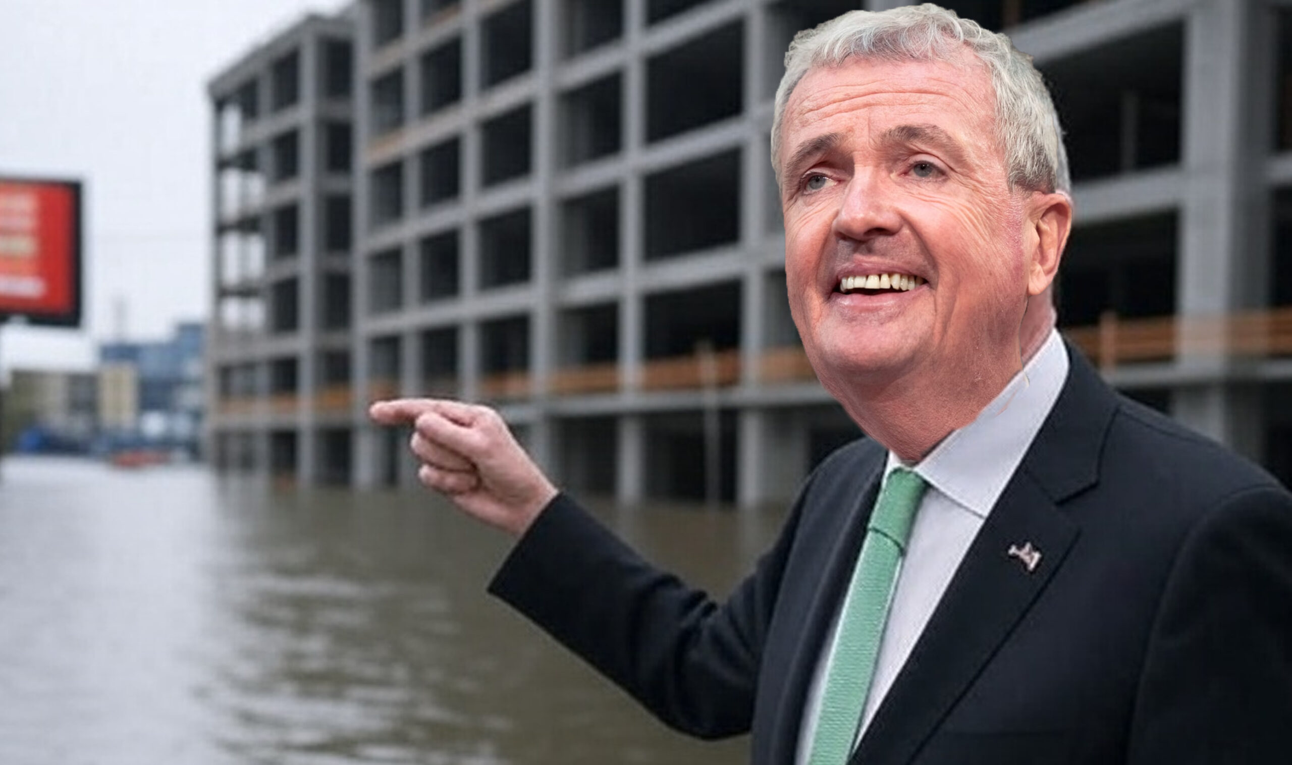 Phil Murphy pointing at a flooded building - AI / Photoshop enhanced political satire