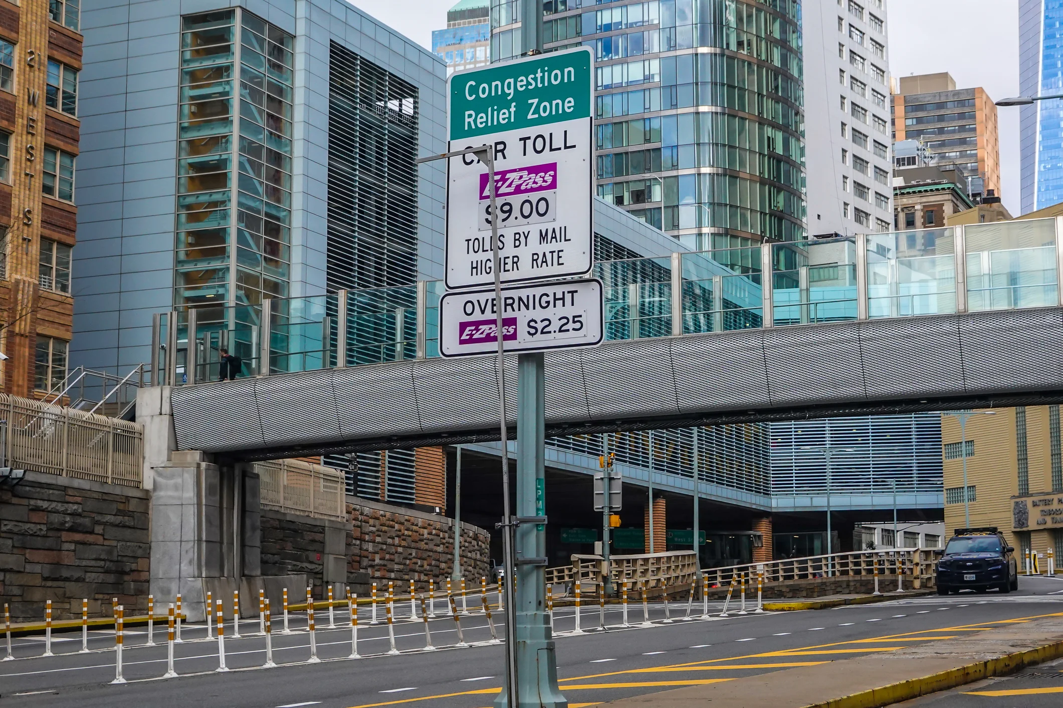 NEW YORK - JANUARY 5, 2025: Congestion prices signage in Lower Manhattan at the entrance to the Congestion Relief Zone on the first day of its implementation in New York