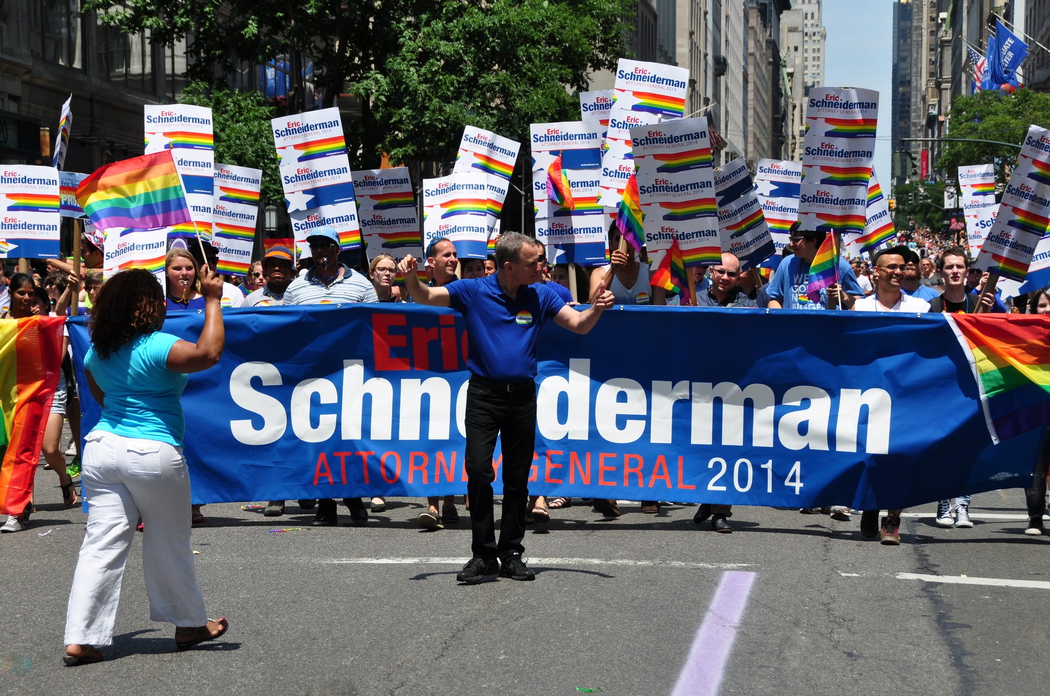 NYC: 2014 Gay Pride Parade. NYC: New York State Attorney General Eric Schneiderman marching with this group at the 2014 Gay Pride Parade on Fifth Avenue
