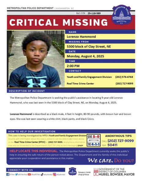 9-year-old boy disappears from Clay Street in Northeast DC