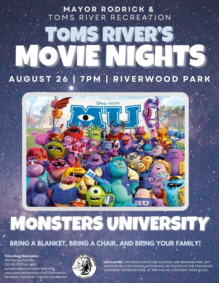 Toms River to host outdoor family movie night at Riverwood Park with Monsters University on big screen Toms River to host outdoor family movie night at Riverwood Park with Monsters University on big screen