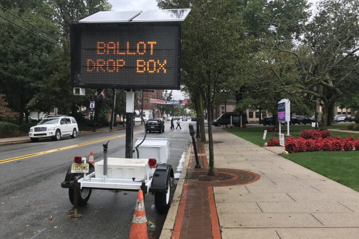 Ballot Drop Box Sign, Rutherford, NJ, USA. On Park Avenue in Rutherford, New Jersey