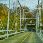 Dingmans ferry bridge across the delaware river in the poconos mountains, connecting the states of pennsylvania and new jersey, usa