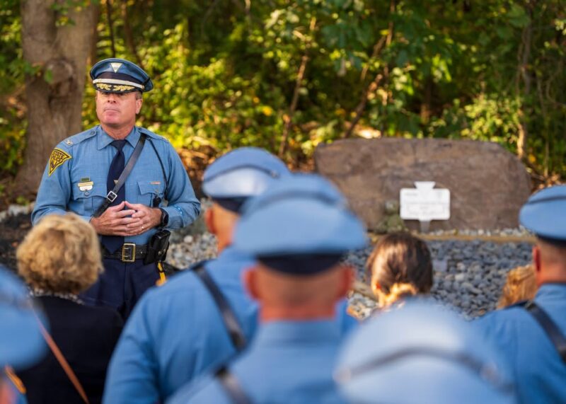 State police rededicate memorial to fallen trooper Anthony Raspa on I-195