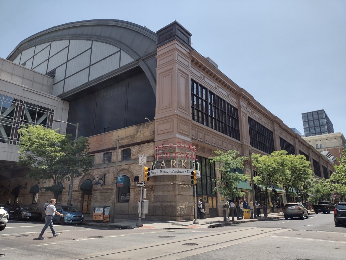 Reading Terminal Market, Center City, Philadelphia, PA, USA. Expansive view of the historic, world-famous Reading Terminal Market from the corner of North 12th Street and Arch Street.