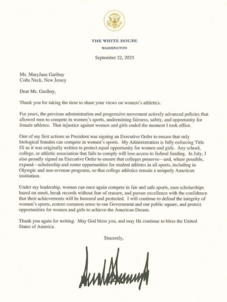 Trump letter thanks New Jersey schoool board for banning boys from girls sports and bathrooms