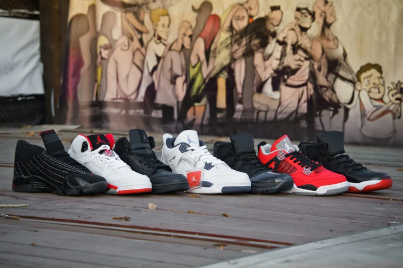 Nike Air Jordan basketball shoes collection in different colors and models.