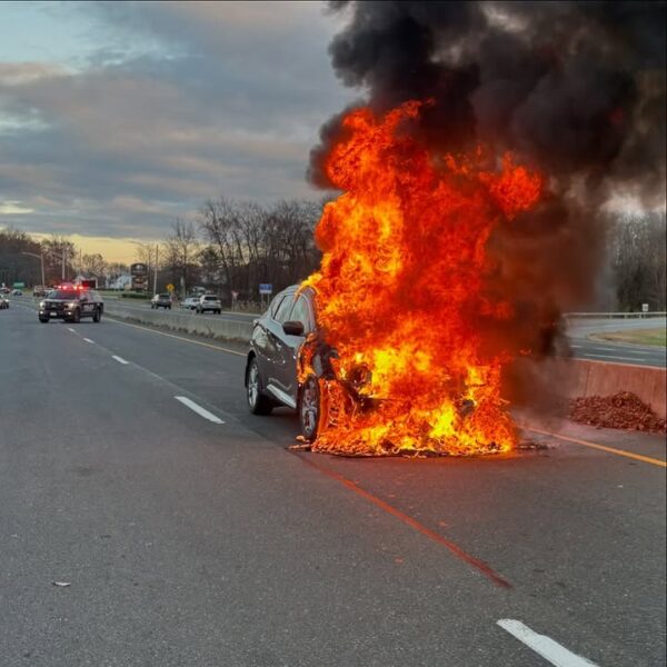 Car fire shuts down westbound route 59 near route 304 overpass in clarkstown - photo licensed by shore news network.