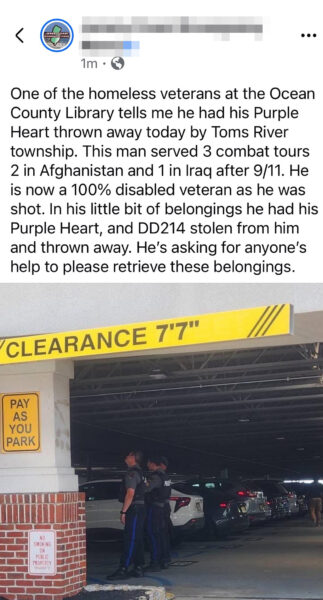 False rumor of homeless veteran's purple heart being thrown out in toms river fabricated by political adversary
