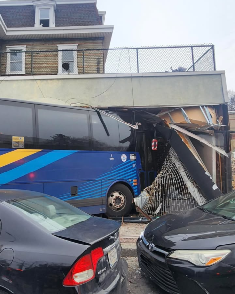 Mta bus slams into yonkers building during midday crash - photo licensed by shore news network.