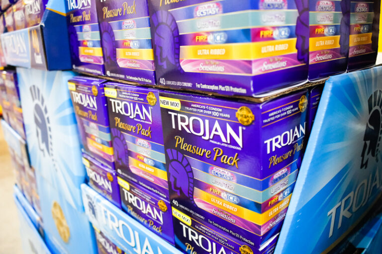 Condom display at local pharmacy.