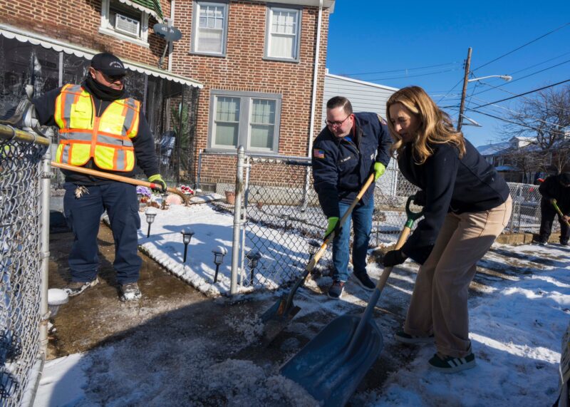 Mikie sherrill "shovels snow" on mlk day in camden - photo licensed by shore news network.