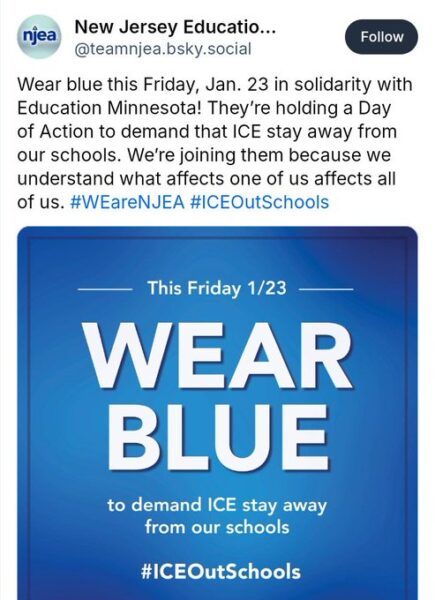 New Jersey teachers urged to wear blue as NJEA union backs Minnesota ICE protest