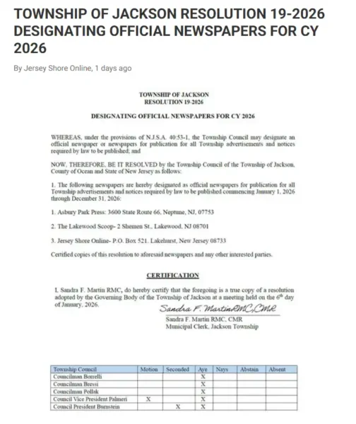 The Lakewood Scoop Named Official Newspaper of Jackson in Unanimous Council Vote