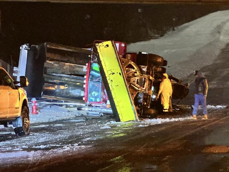 Vdot plow truck overturns on van dorn street during storm cleanup