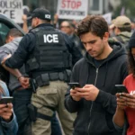 Political satire: protesters using their phones to fill out a new online form to report ice agents in new jersey ai assisted