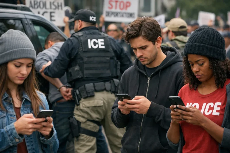 Political satire: protesters using their phones to fill out a new online form to report ice agents in new jersey ai assisted