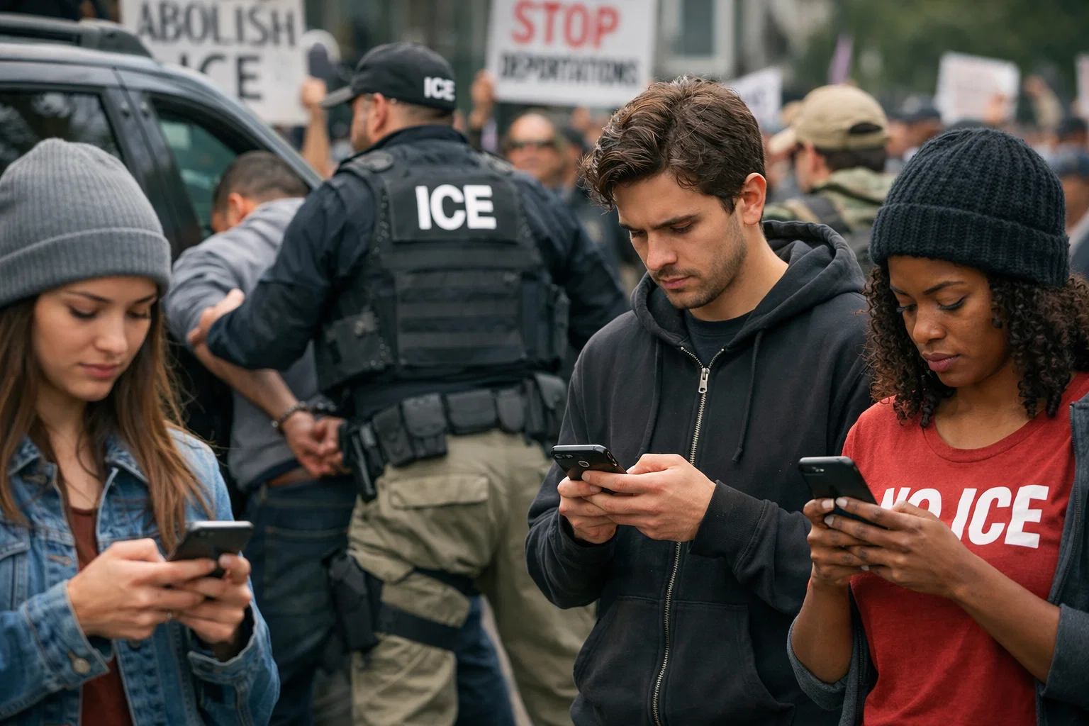 Political Satire: Protesters using their phones to fill out a new online form to report ICE Agents in New jersey AI Assisted